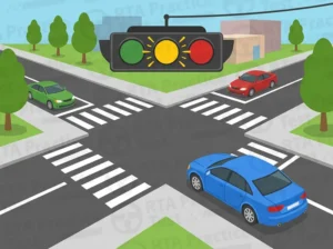 A flashing yellow traffic signal means: