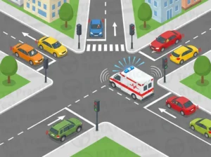 If an ambulance approaches at an intersection with sirens activated, you should: