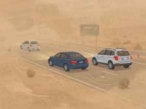 During a sandstorm with poor visibility, you should: