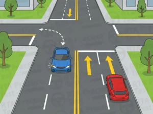 When turning left at an intersection, you should: