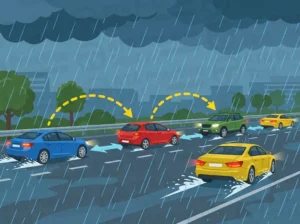 When driving in heavy rain, you should: