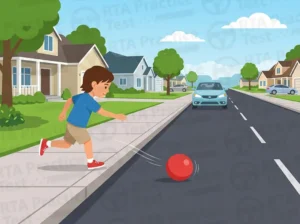 A ball rolls onto the road ahead. What should you expect?