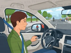 Before opening your vehicle door after parking, you should: